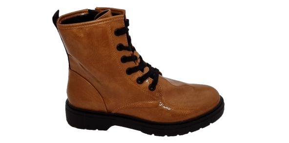 Womens Marco Tozzi Saffron Tan Patent Lace Up Military Ankle Boot